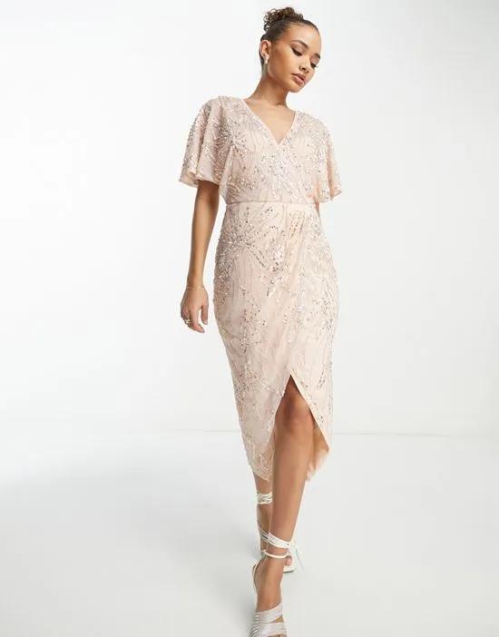 Bridesmaid allover embellished wrap midi dress in pink