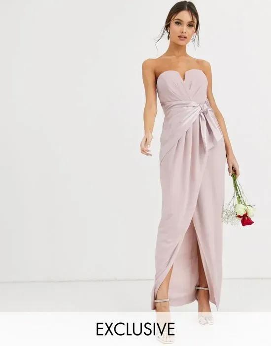 Bridesmaid bandeau maxi wrap dress with satin front detail in taupe