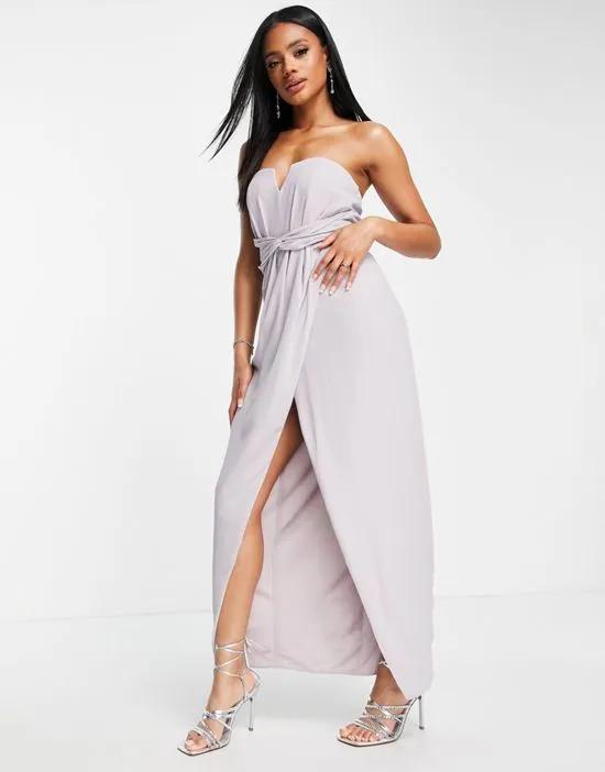 Bridesmaid bandeau wrap maxi dress with bow back in gray