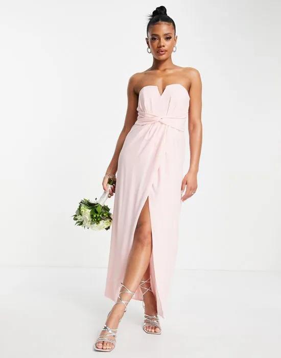 Bridesmaid bandeau wrap maxi dress with bow back in whisper pink