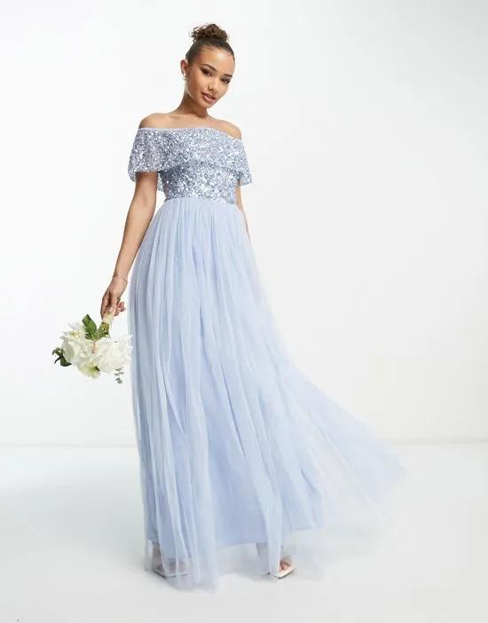 Bridesmaid bardot embellished maxi dress in light blue