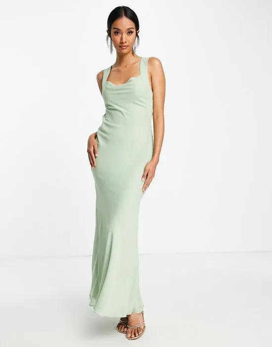 Bridesmaid bias cut maxi dress with lace up back detail in sage