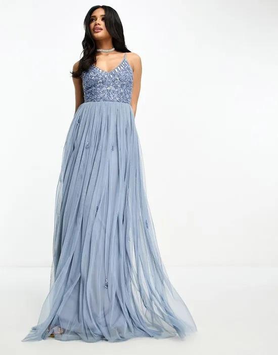 Bridesmaid cami 2 in 1 maxi dress with embellished top and tulle skirt in dark blue