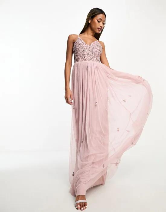 Bridesmaid cami 2 in 1 maxi dress with embellished top and tulle skirt in frosted pink