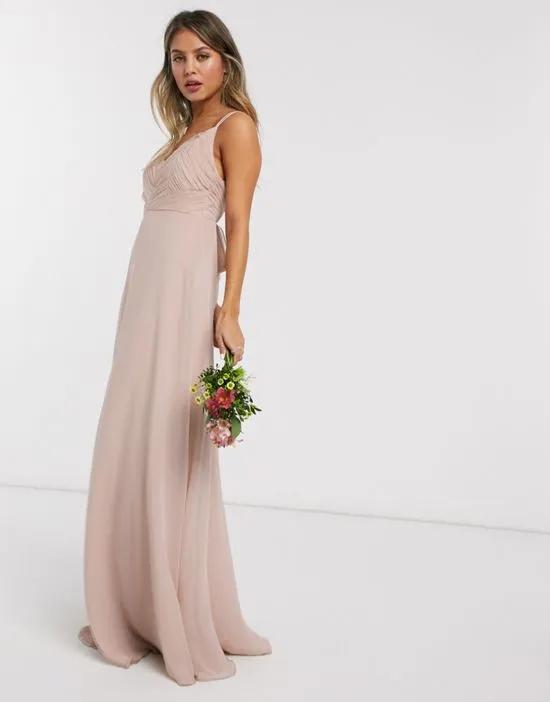 Bridesmaid cami maxi dress with ruched bodice and tie waist