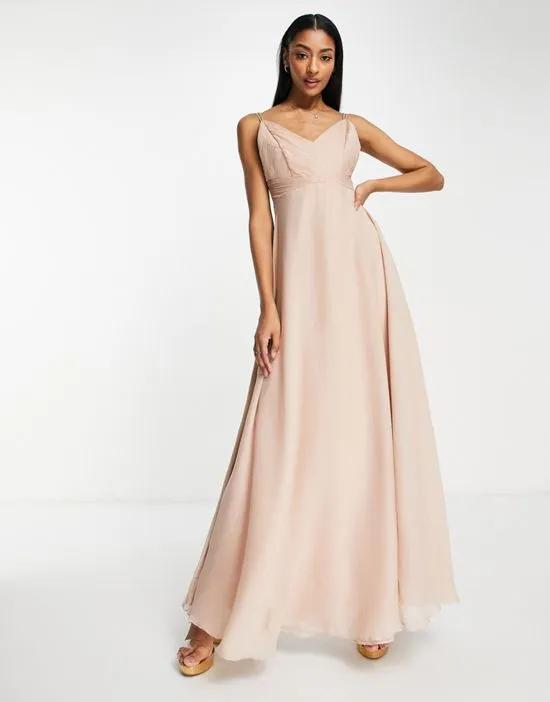 Bridesmaid cami maxi dress with ruched bodice and tie waist in blush