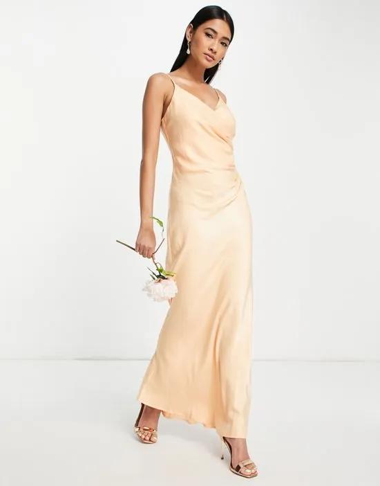 Bridesmaid cami maxi dress with ruching in apricot satin