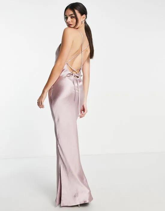 Bridesmaid cami maxi slip dress in high shine satin with lace up back in lavender