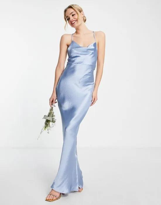 Bridesmaid cami maxi slip dress in high shine satin with lace up back in powder blue