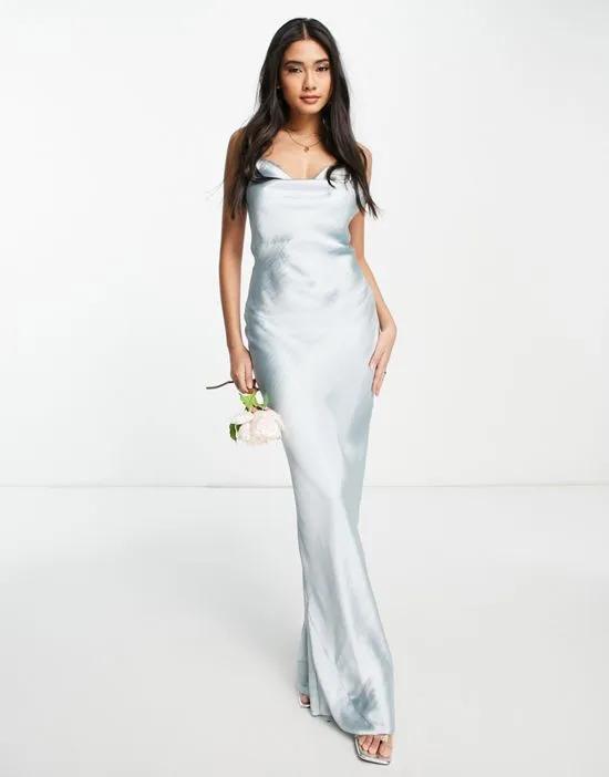 Bridesmaid cami maxi slip dress in high shine satin with lace up back in soft blue