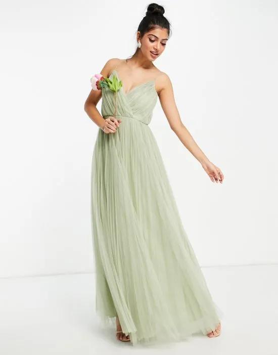 Bridesmaid cami pleated tulle maxi dress in sage