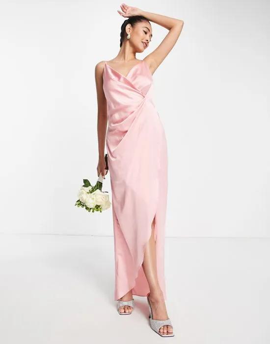Bridesmaid cami strap satin wrap maxi dress in soft rose pink