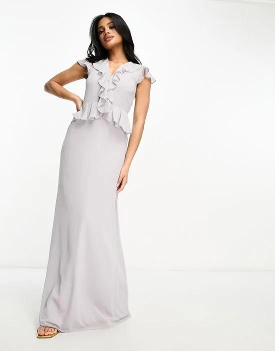 Bridesmaid chiffon maxi dress with frill detail in gray