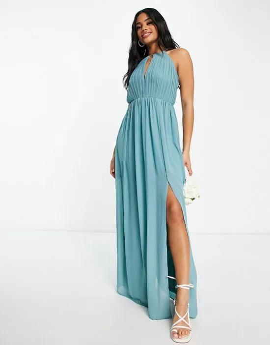 Bridesmaid chiffon maxi dress with pleated front and open back detail in sea blue