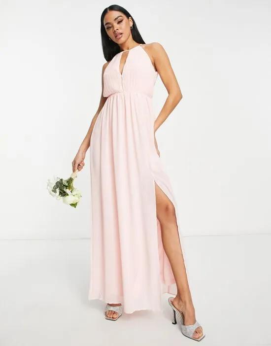 Bridesmaid chiffon maxi dress with pleated front and open back detail in whisper pink