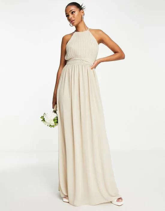 Bridesmaid chiffon maxi dress with pleated front in caffe latte