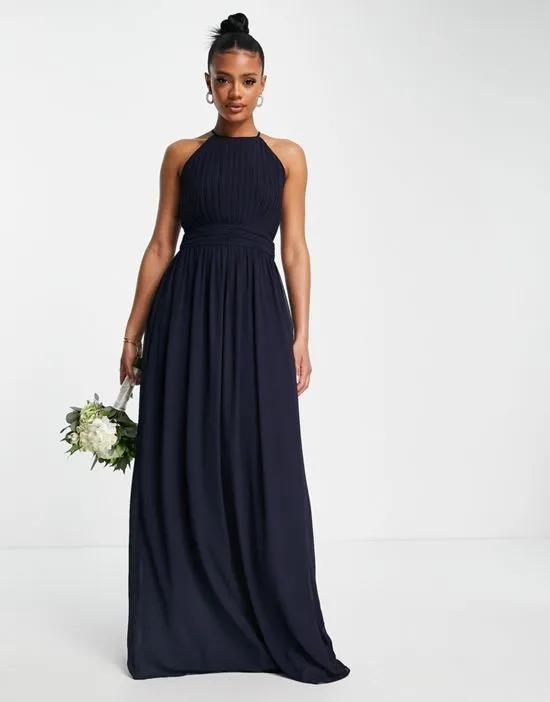 Bridesmaid chiffon maxi dress with pleated front in navy