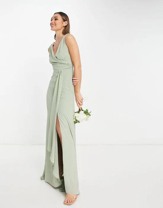 Bridesmaid chiffon maxi dress with split front in sage green
