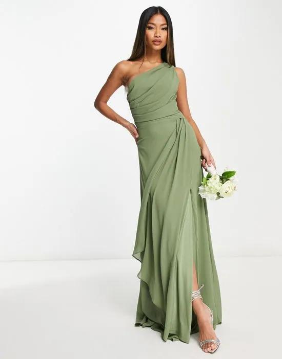 Bridesmaid chiffon one shoulder drape maxi dress in dusky sage green