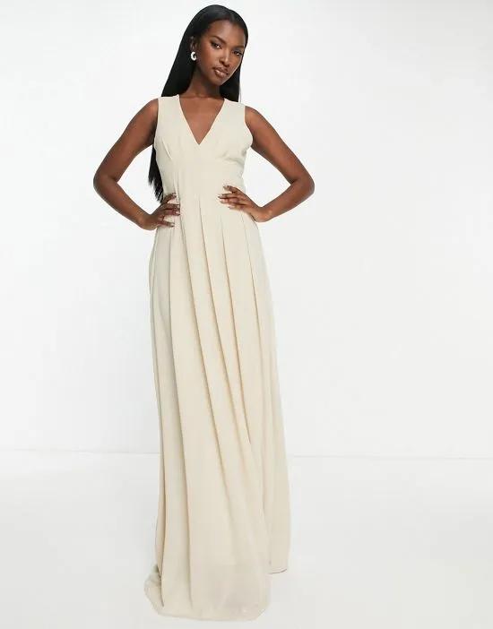 Bridesmaid chiffon v front maxi dress with pleated skirt in mink