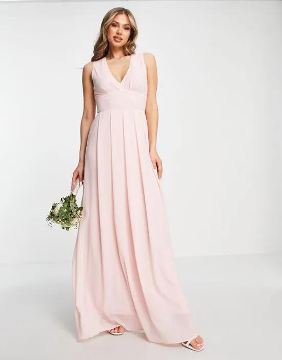 Bridesmaid chiffon V-front maxi dress with pleated skirt in whisper pink
