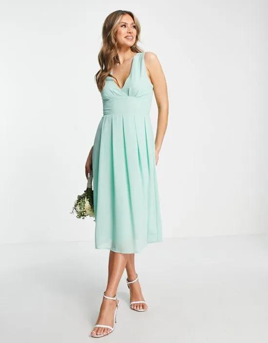 Bridesmaid chiffon V-front midi dress with pleated skirt in fresh sage