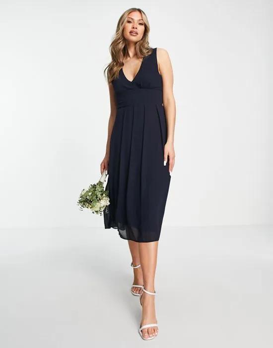 Bridesmaid chiffon v front midi dress with pleated skirt in navy