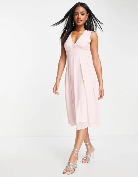 Bridesmaid chiffon v front midi dress with pleated skirt in whisper pink