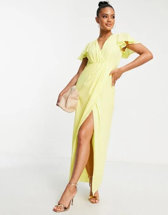 Bridesmaid chiffon wrap front maxi dress with flutter sleeve in lemon yellow