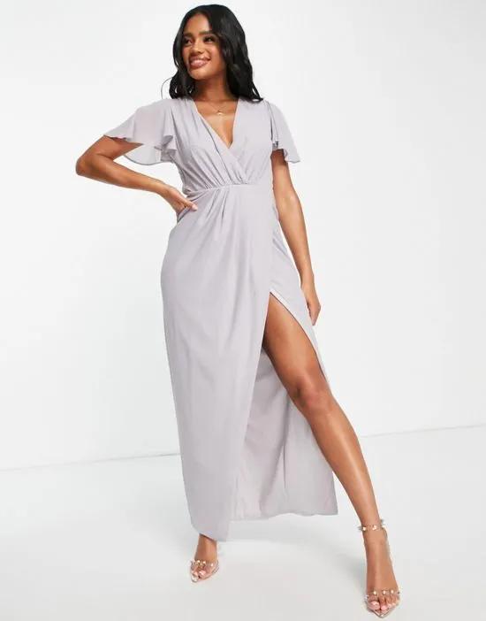 Bridesmaid chiffon wrap front maxi dress with flutter sleeves in gray