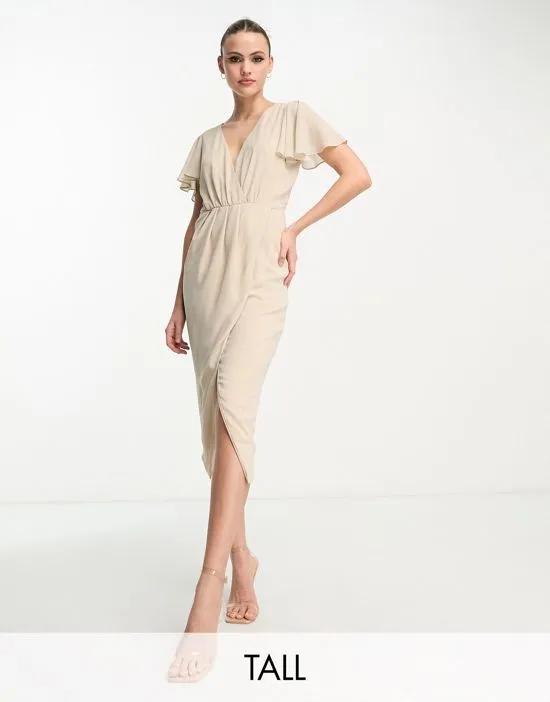 Bridesmaid chiffon wrap front midi dress with flutter sleeves in caffe latte