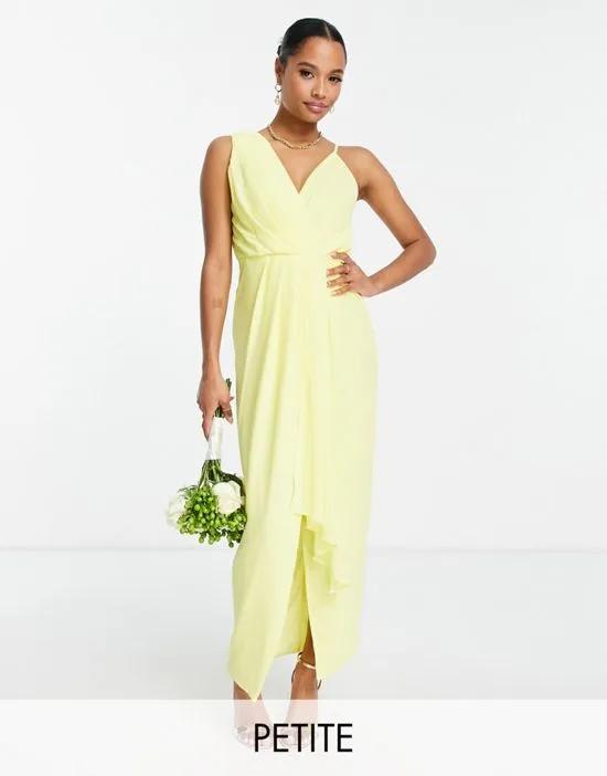 Bridesmaid chiffon wrap maxi dress with hi low hem in lemon yellow
