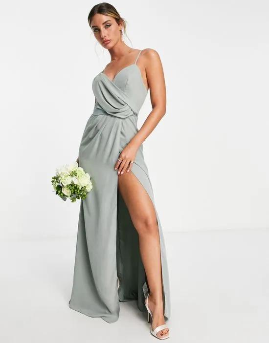 Bridesmaid drape cami maxi dress with wrap waist in olive