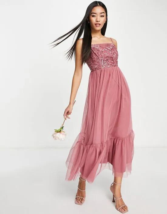 Bridesmaid embellished cami midaxi dress in desert rose