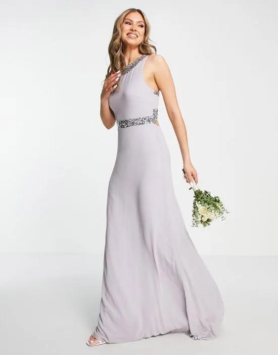 Bridesmaid embellished chiffon maxi dress in gray