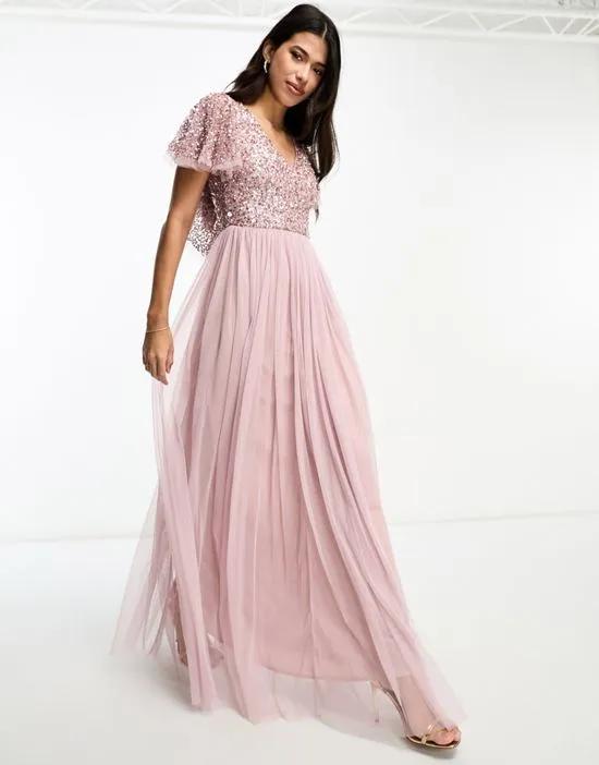 Bridesmaid embellished maxi dress with flutter detail in frosted pink