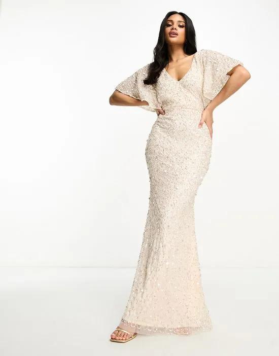 Bridesmaid embellished maxi dress with flutter sleeve in champagne