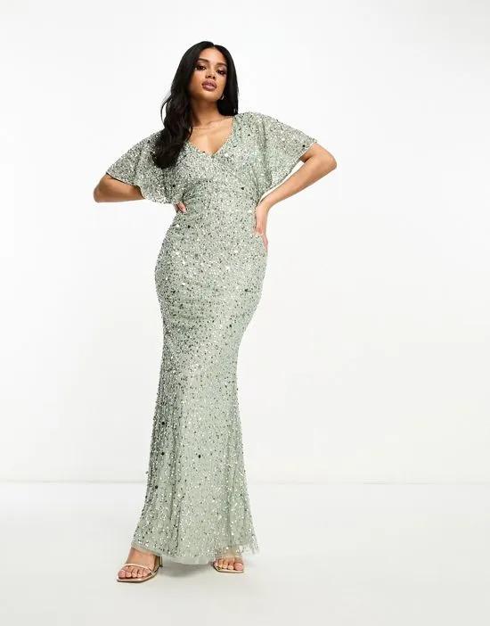 Bridesmaid embellished maxi dress with flutter sleeve in Sage Green