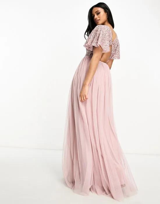 Bridesmaid embellished maxi dress with open back detail in frosted pink