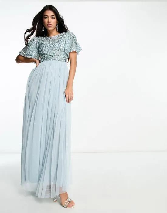 Bridesmaid embellished maxi dress with open back detail in ice blue