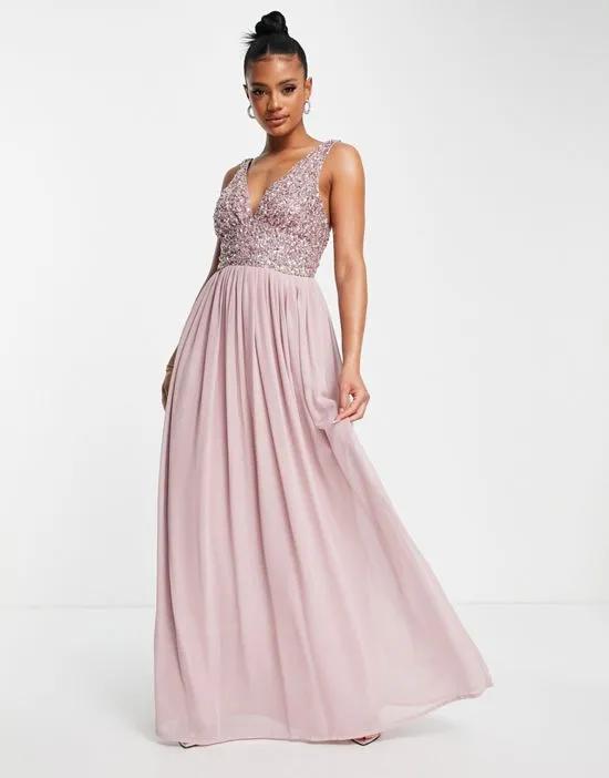 Bridesmaid embellished V neck maxi dress in frosted pink