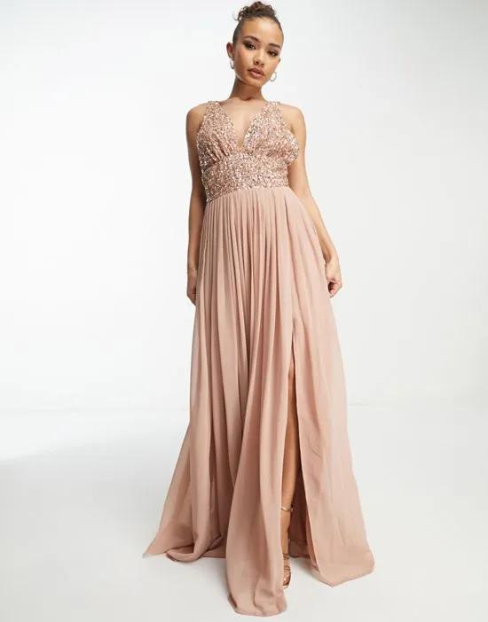 Bridesmaid embellished v-neck maxi dress in taupe
