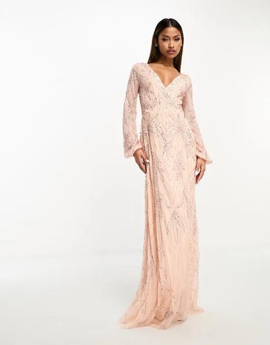 Bridesmaid embellished wrap front maxi dress in blush