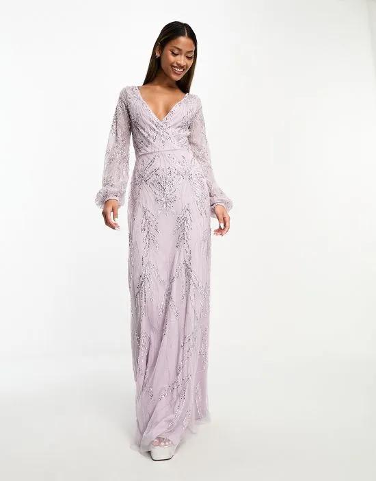 Bridesmaid embellished wrap front maxi dress in lilac