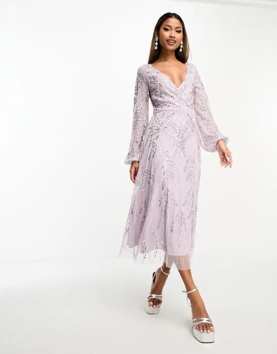 Bridesmaid embellished wrap front midi dress in lilac