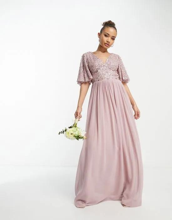 Bridesmaid emellished bodice maxi dress with flutter sleeve in frosted pink