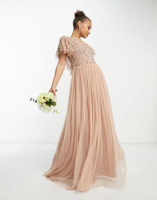 Bridesmaid emellished bodice maxi dress with flutter sleeve in taupe