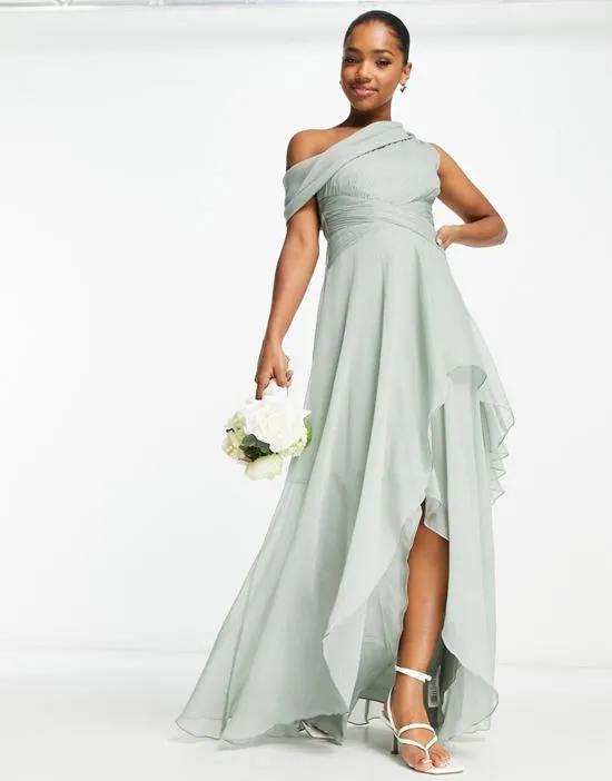 Bridesmaid fallen shoulder drape maxi dress with layered wrap skirt in olive