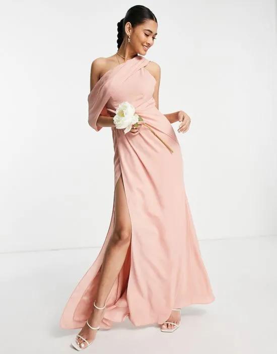 Bridesmaid fallen shoulder maxi dress with pleat detail skirt in rose