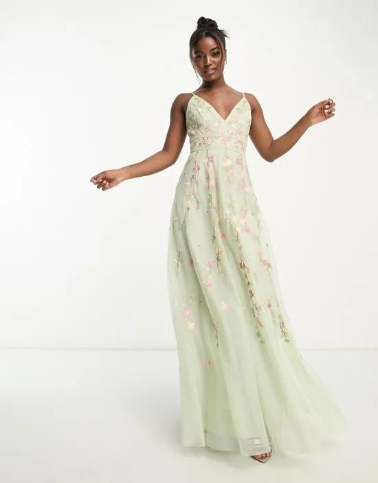 Bridesmaid floral embroidered cami maxi dress with embellishment in sage green